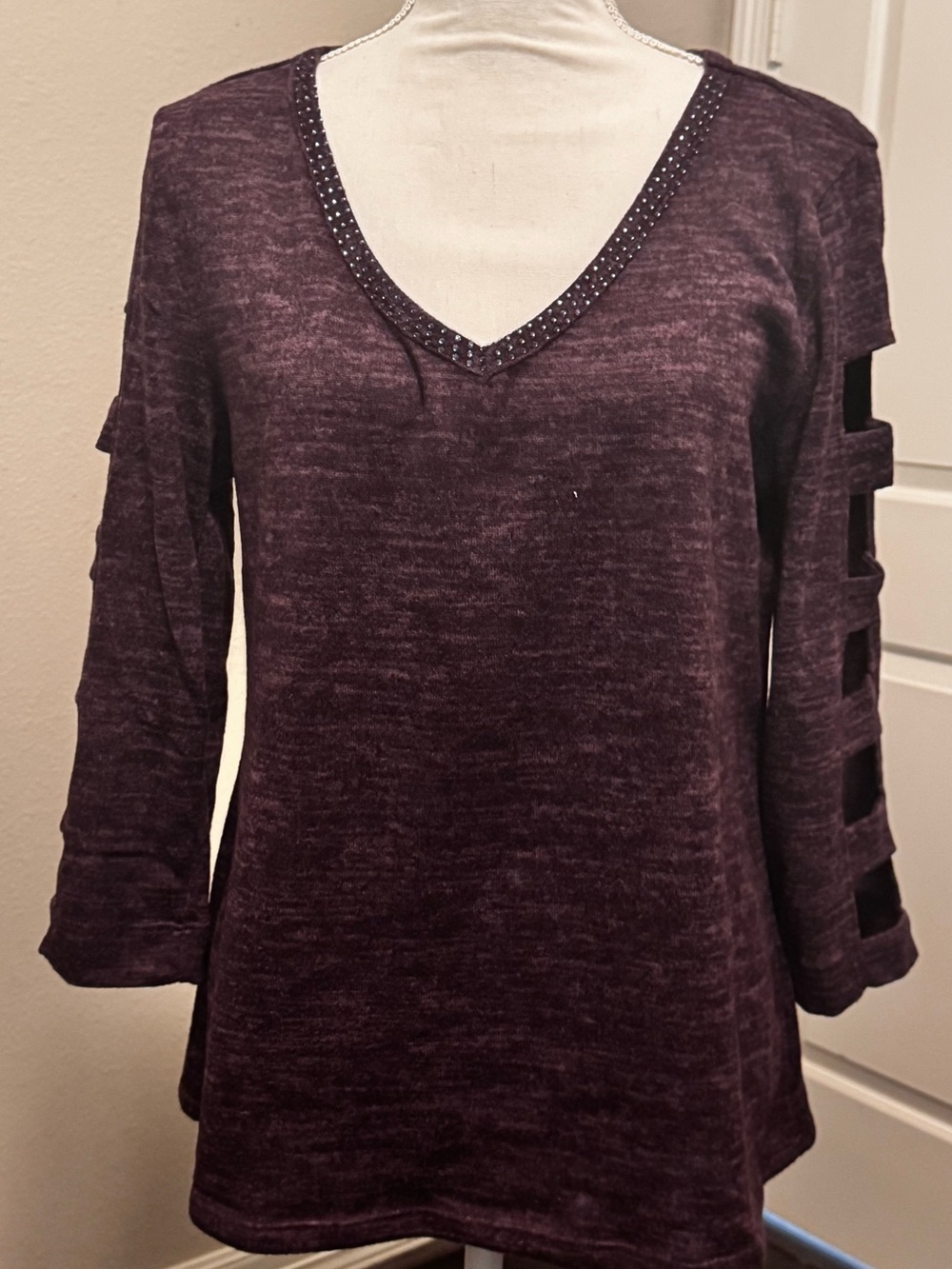 Women’s Purple Solid V-Neck Sleeve Studded Accent Knit Pullover Top